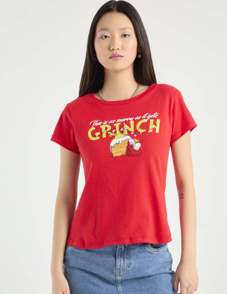 Playera manga corta Grinch cuello redondo para mujer Playera manga corta Grinch cuello redondo para mujer