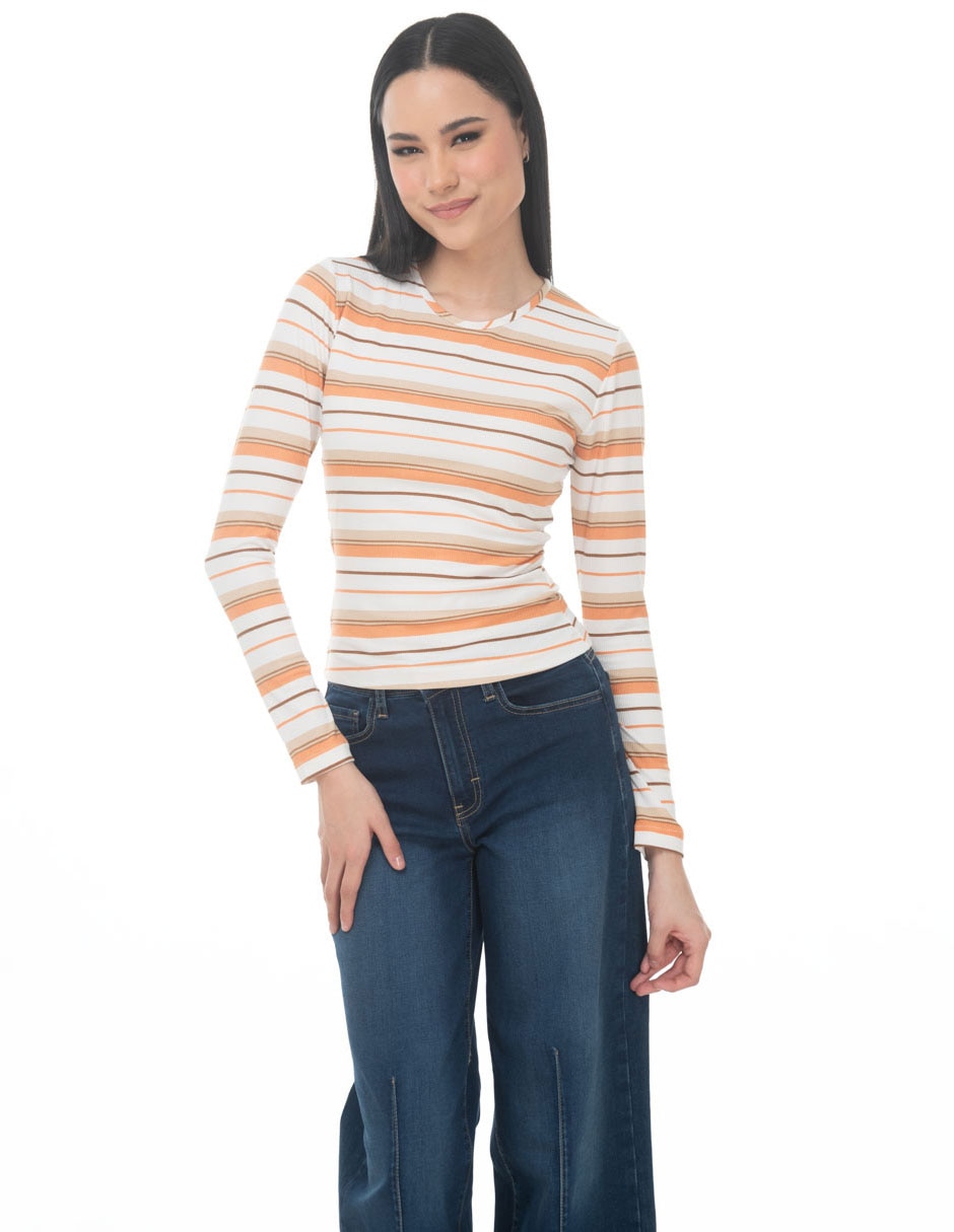 Playera manga larga cuello redondo mujer