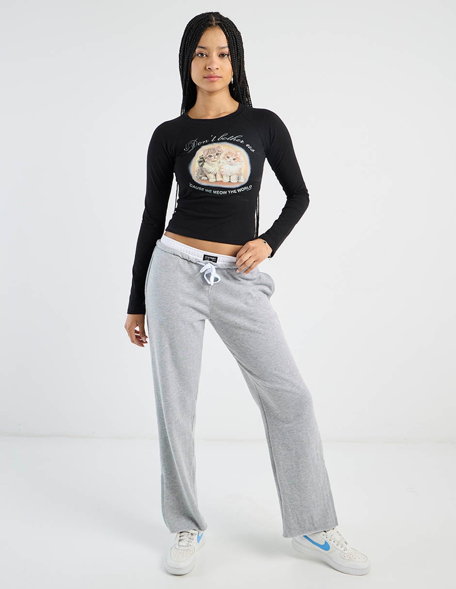 Playera manga larga 47St Meow cuello redondo para mujer