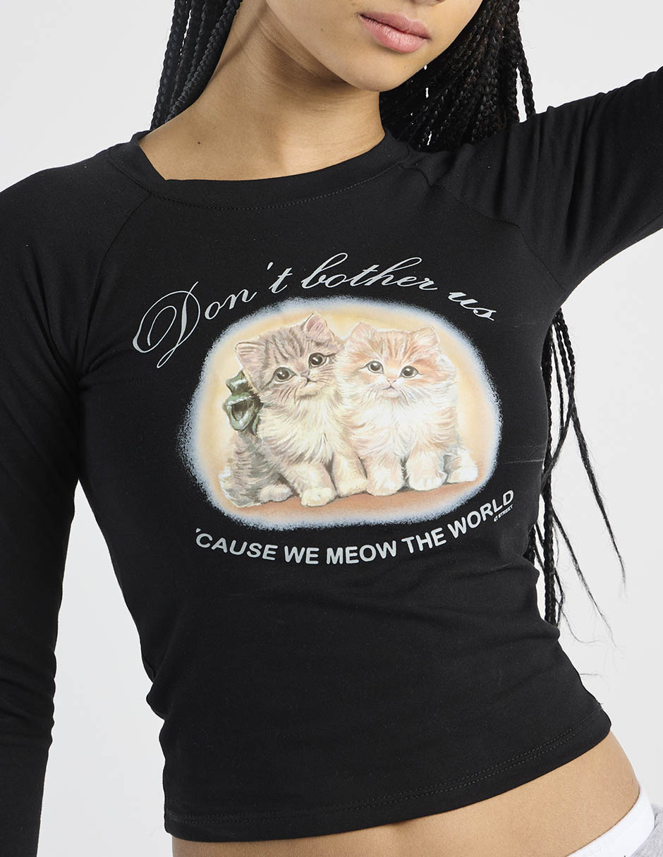 Playera manga larga 47St Meow cuello redondo para mujer