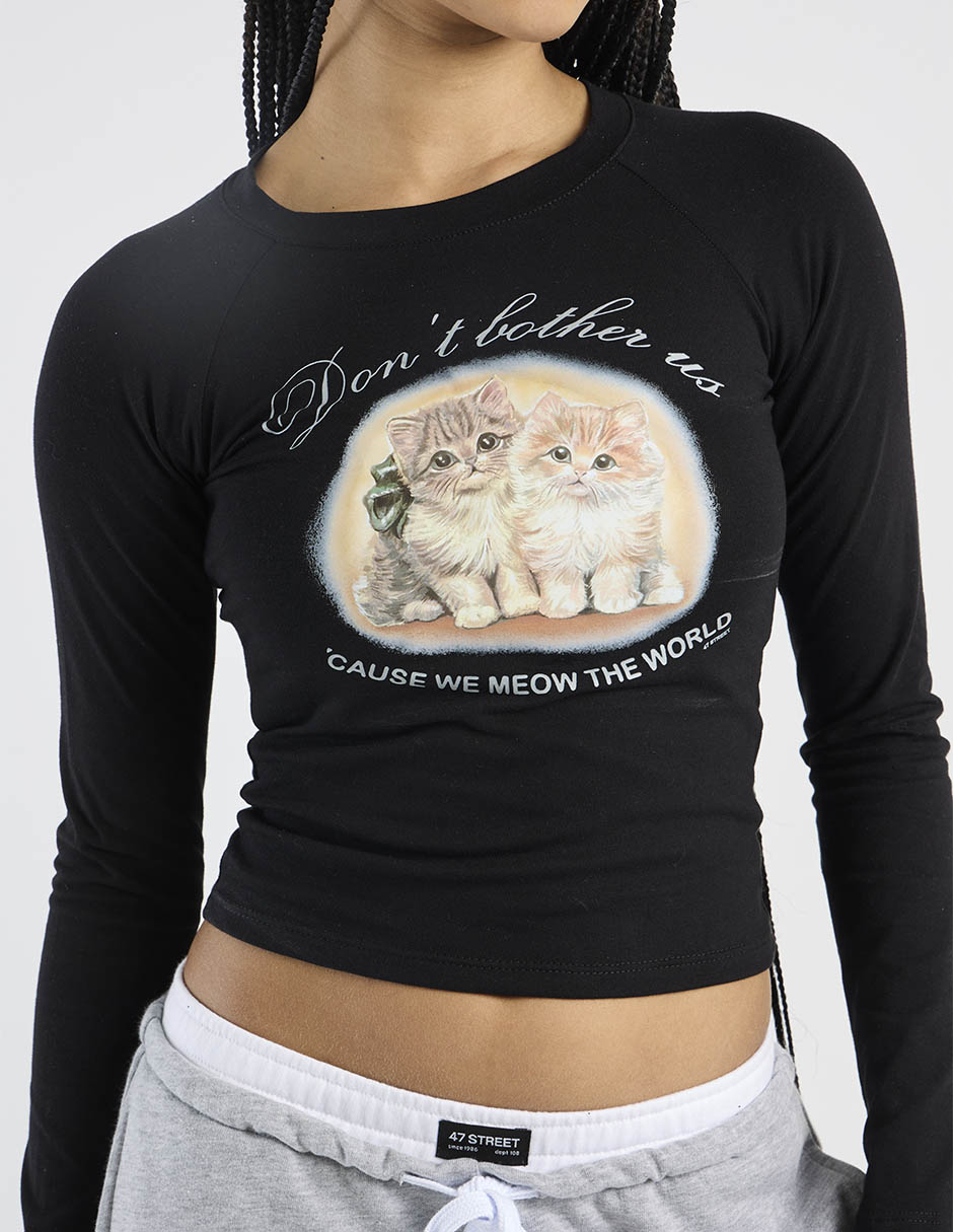 Playera manga larga 47St Meow cuello redondo para mujer