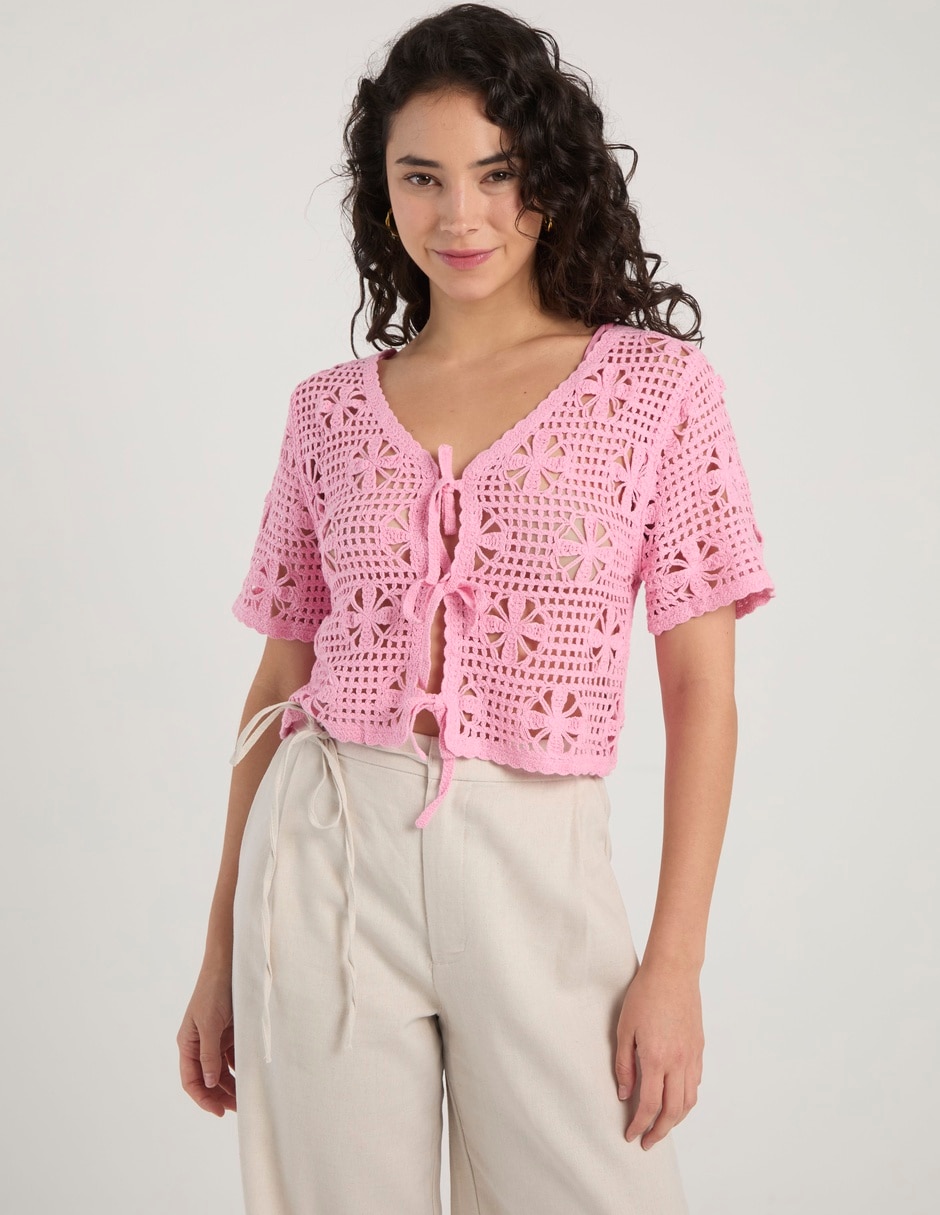 Blusa trenzada Coffee Bean manga al codo para mujer