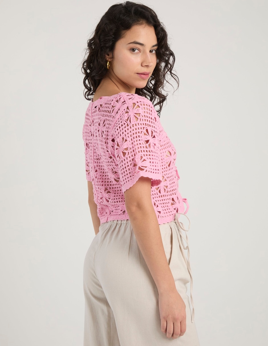 Blusa trenzada Coffee Bean manga al codo para mujer