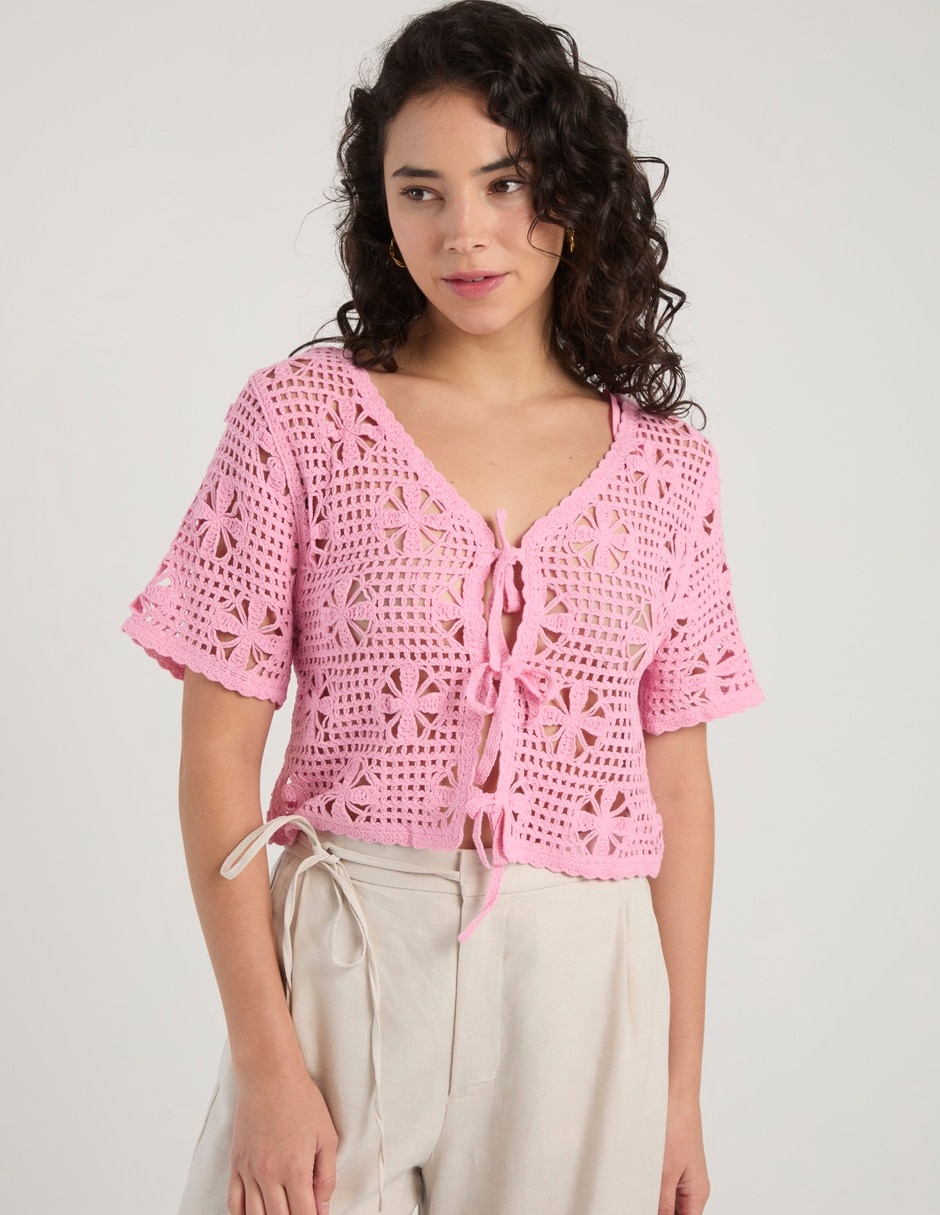 Blusa trenzada Coffee Bean manga al codo para mujer