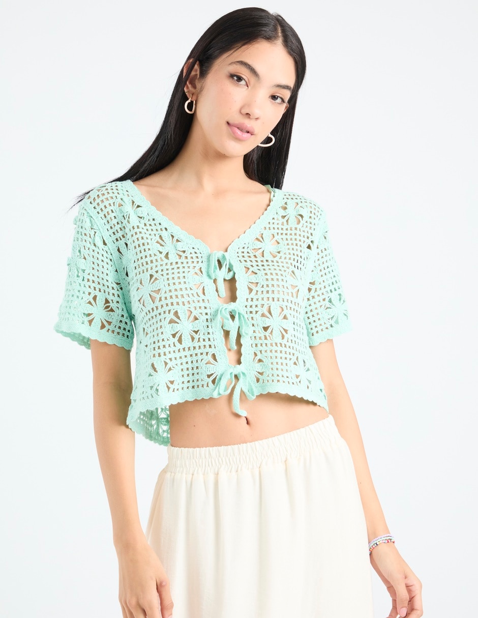 Blusa trenzada manga al codo para mujer