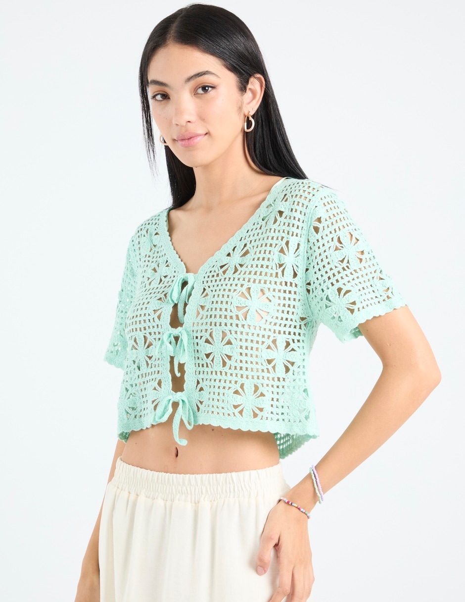 Blusa trenzada Coffee Bean manga al codo para mujer