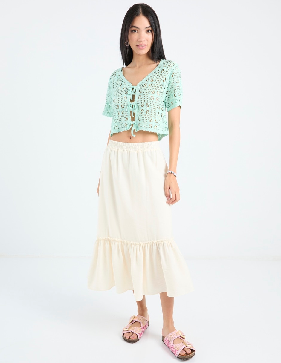 Blusa trenzada Coffee Bean manga al codo para mujer