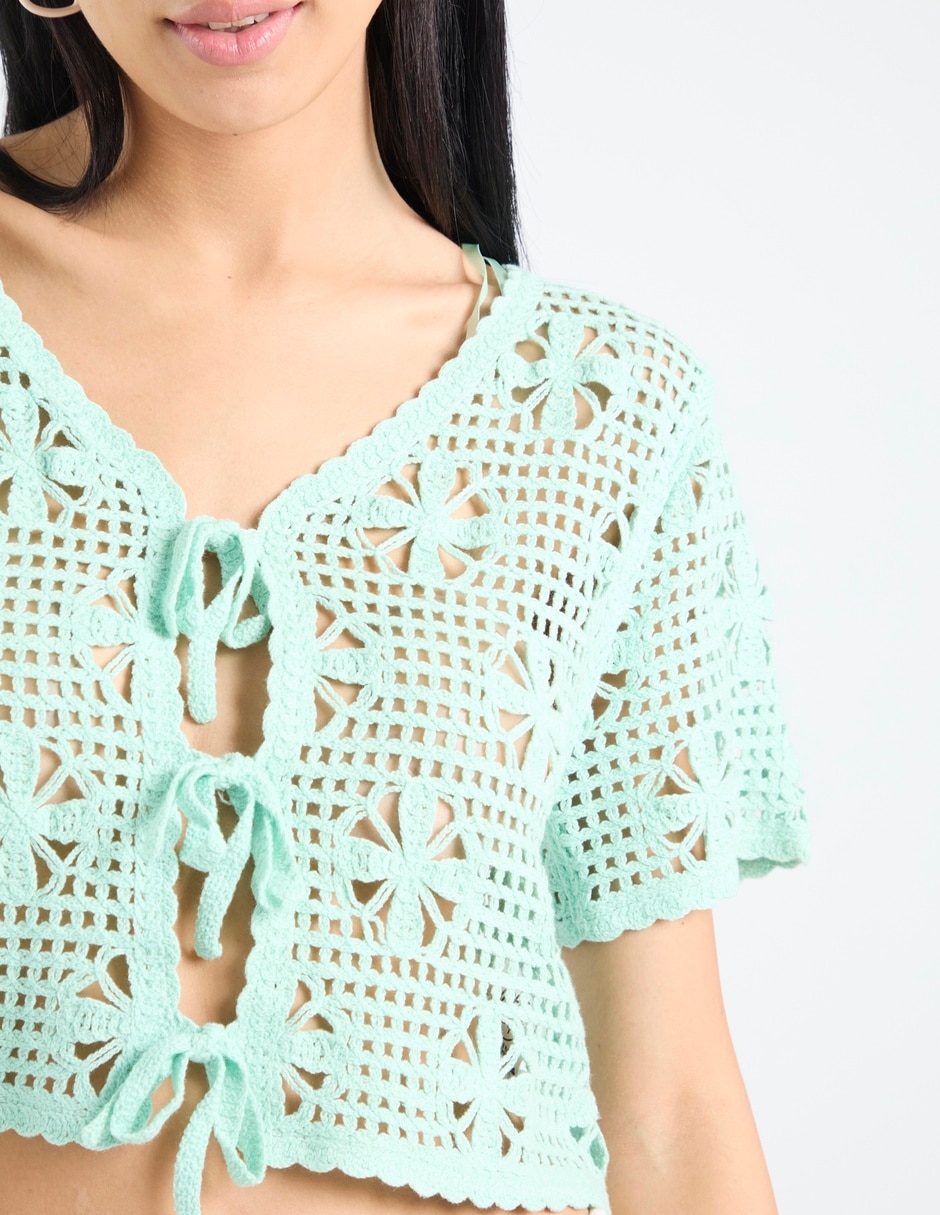 Blusa trenzada Coffee Bean manga al codo para mujer
