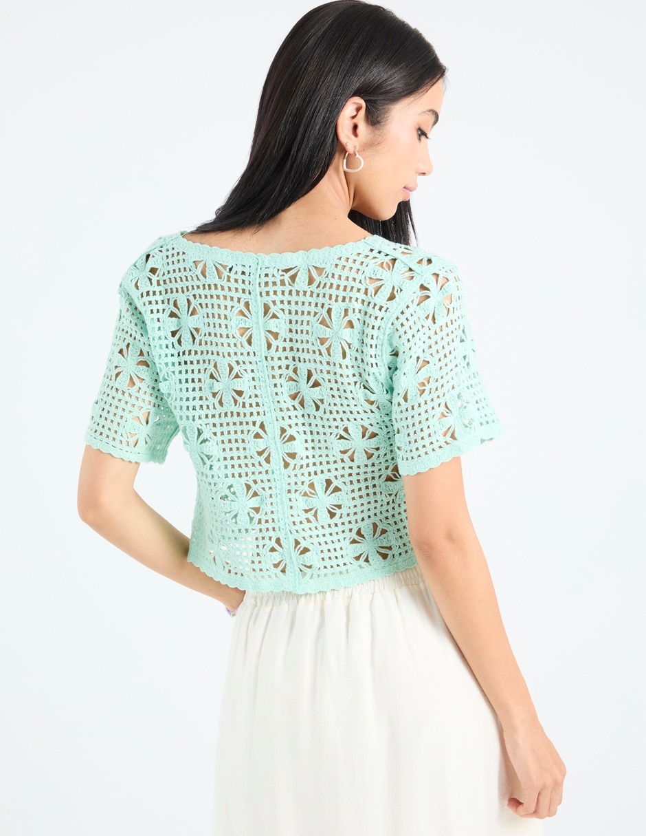 Blusa trenzada Coffee Bean manga al codo para mujer