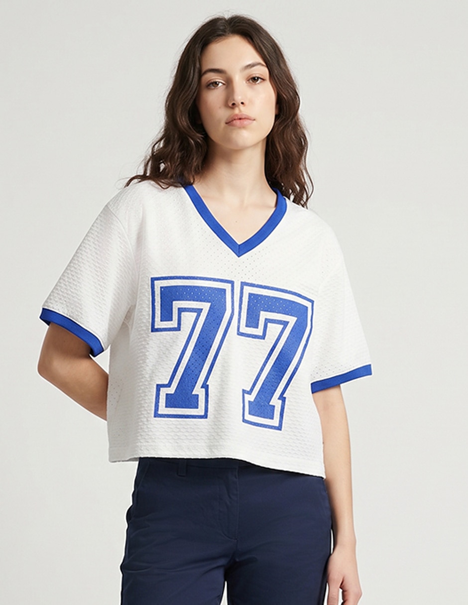 Playera manga al codo cuello v para mujer