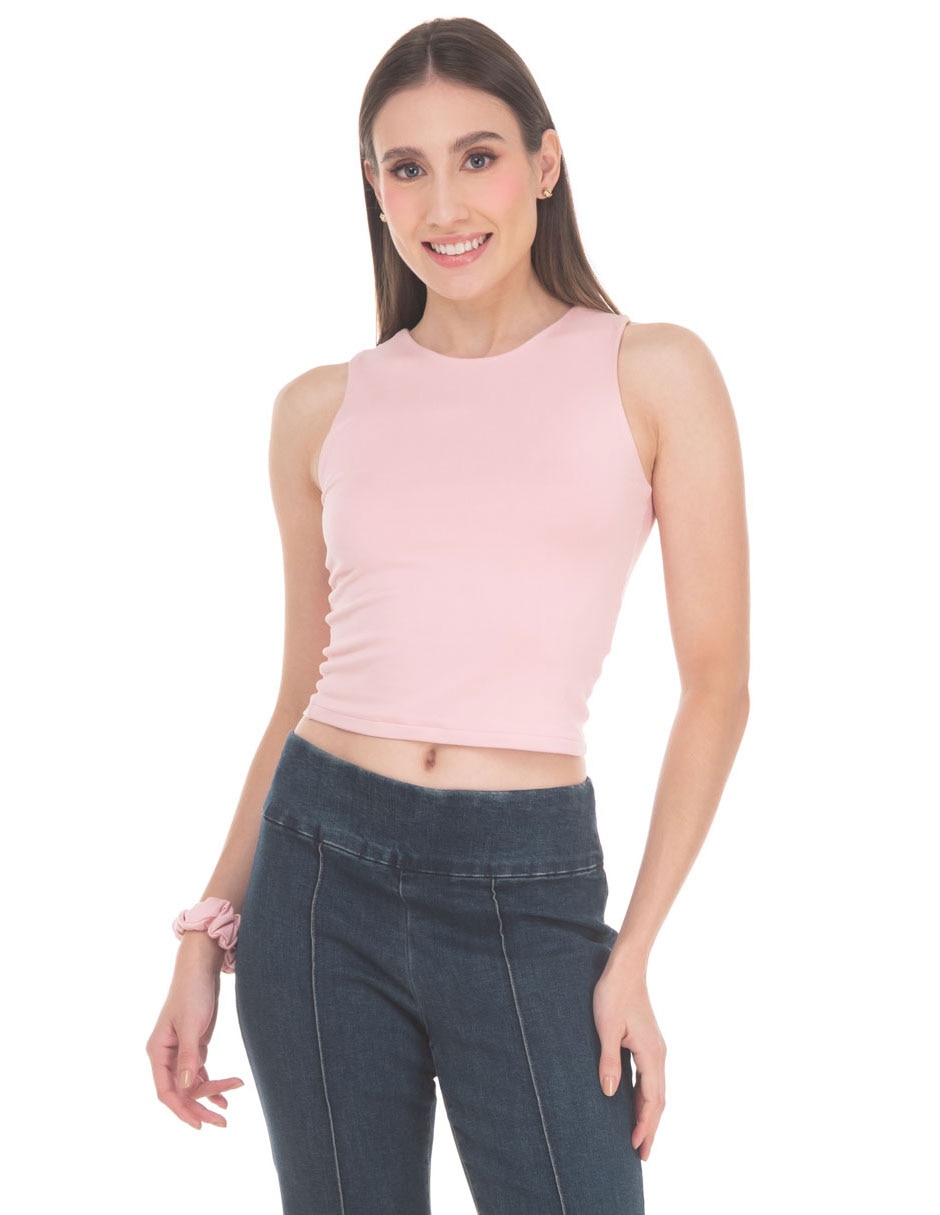 Top cuello redondo escote con cuello tirante sin tirantes