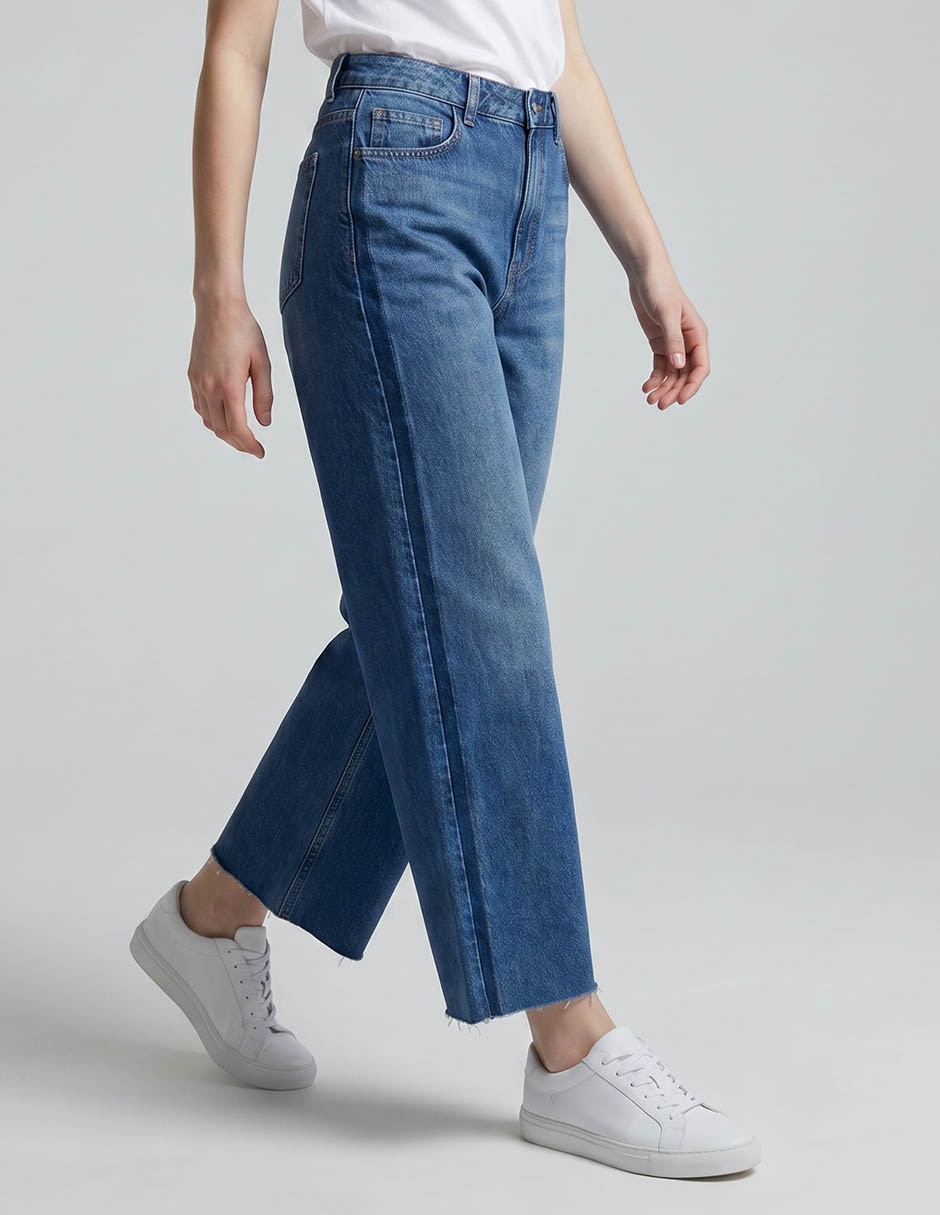 Jeans coulotte wide leg corte cintura alta para mujer