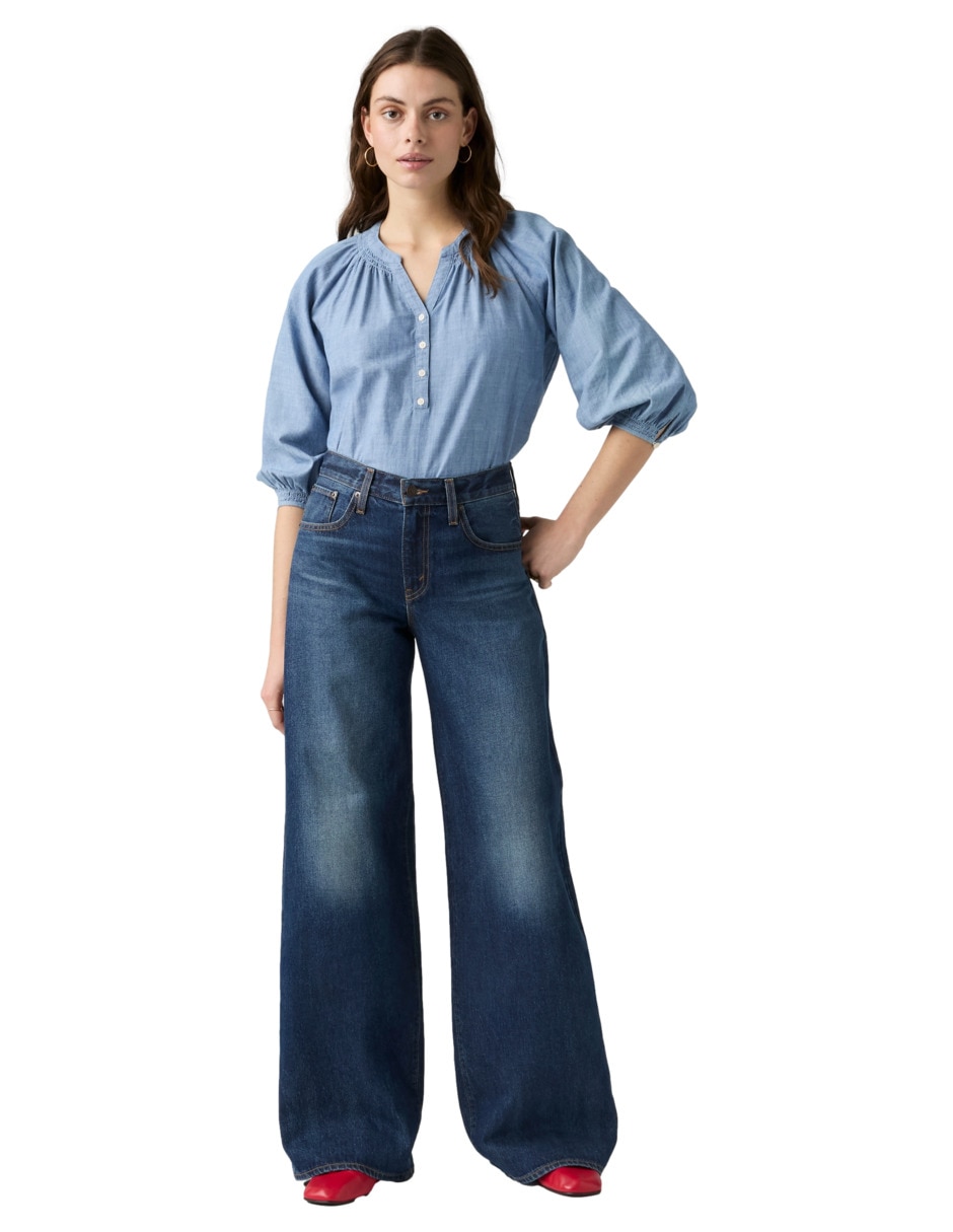 Jeans regular wide leg corte media cintura para mujer 4