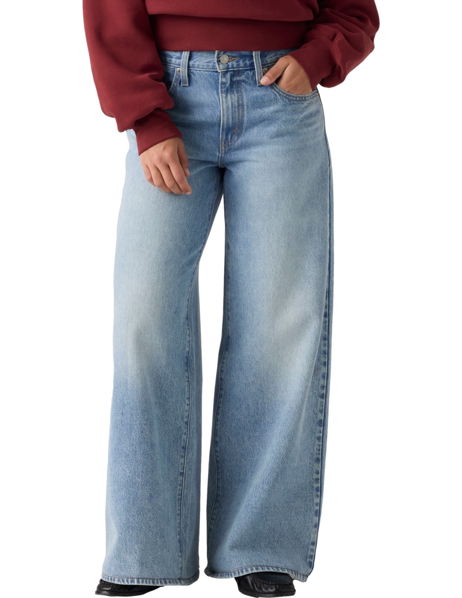 Jeans regular wide leg corte media cintura para mujer