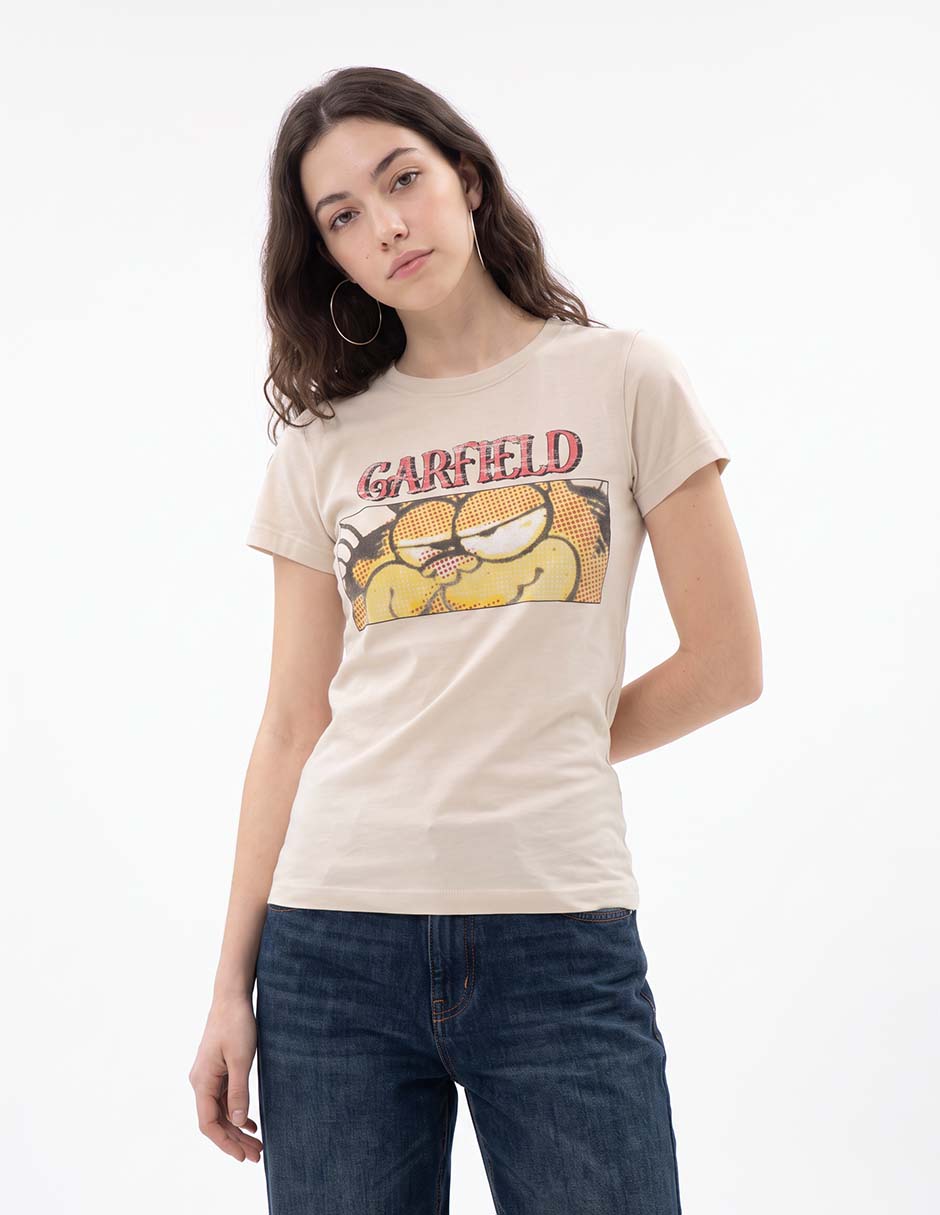 Playera manga corta Garfield cuello redondo para mujer Playera manga corta Garfield cuello redondo para mujer