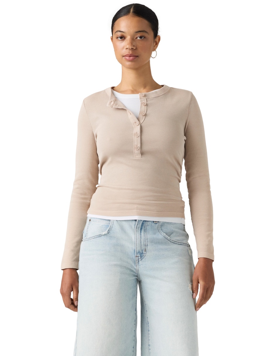 Playera manga larga cuello henley para mujer Playera manga larga cuello henley para mujer
