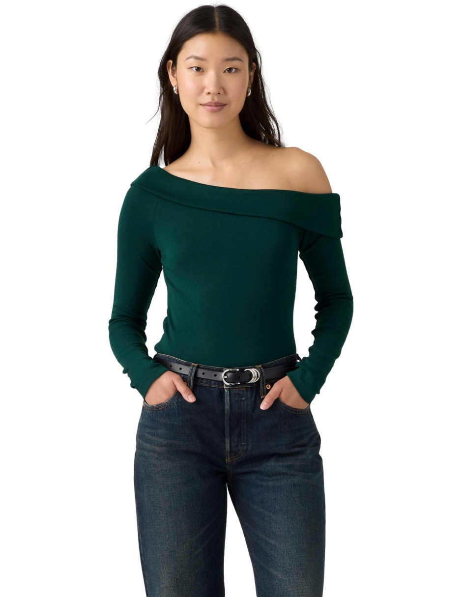 Playera manga larga cuello asimétrico para mujer Playera manga larga cuello asimétrico para mujer