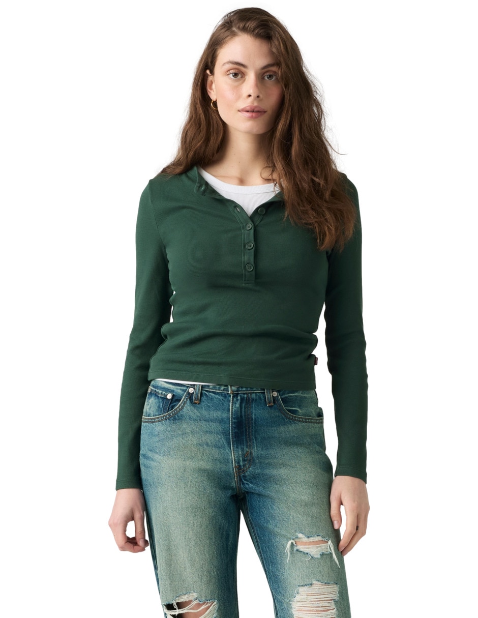 Playera manga larga cuello henley para mujer Playera manga larga cuello henley para mujer