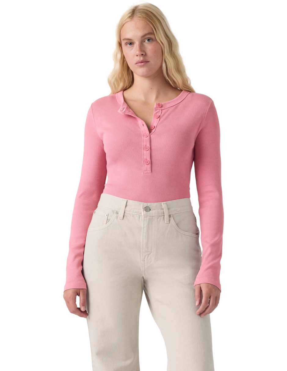 Playera manga larga cuello henley para mujer