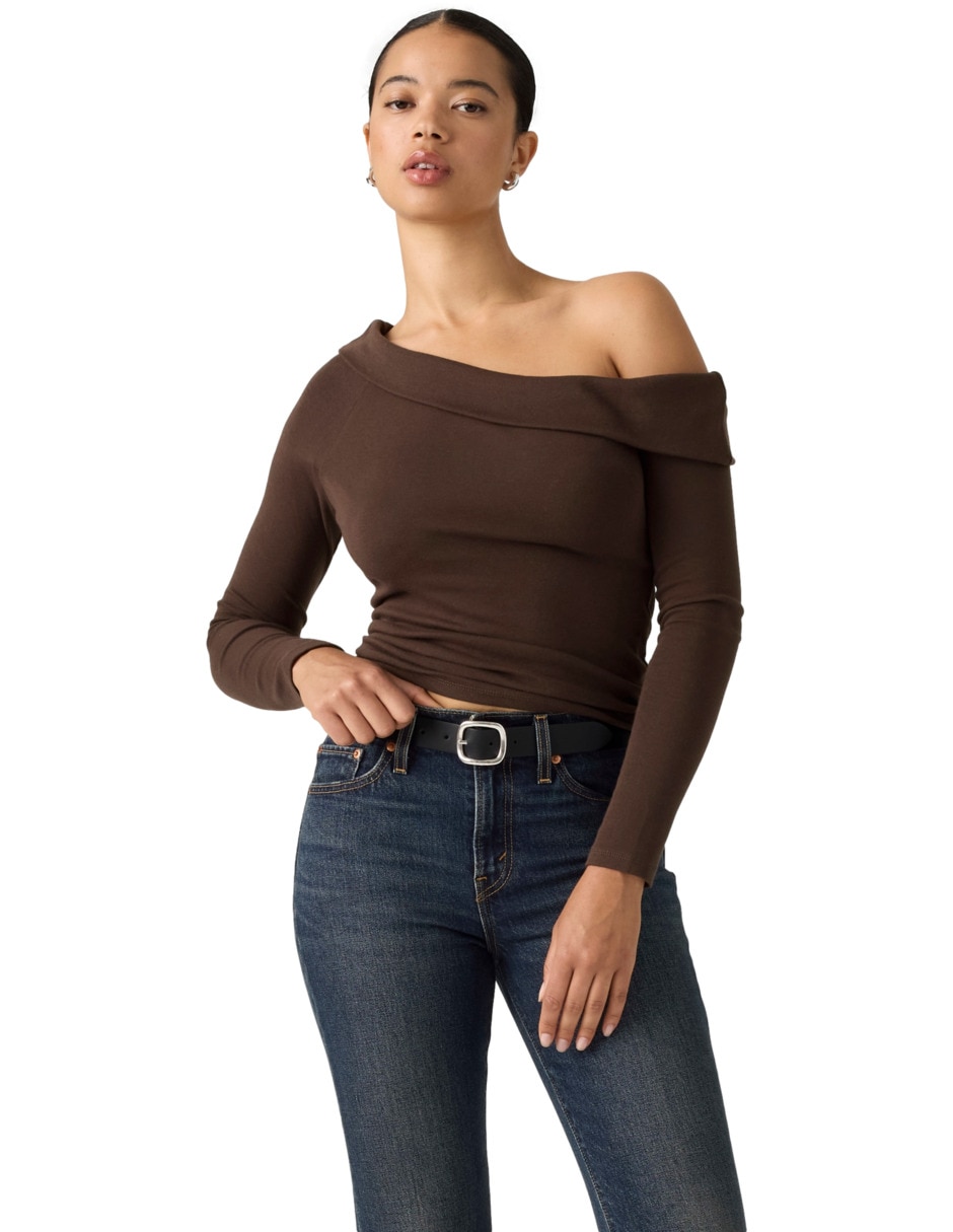 Playera manga larga cuello asimétrico para mujer Playera manga larga cuello asimétrico para mujer