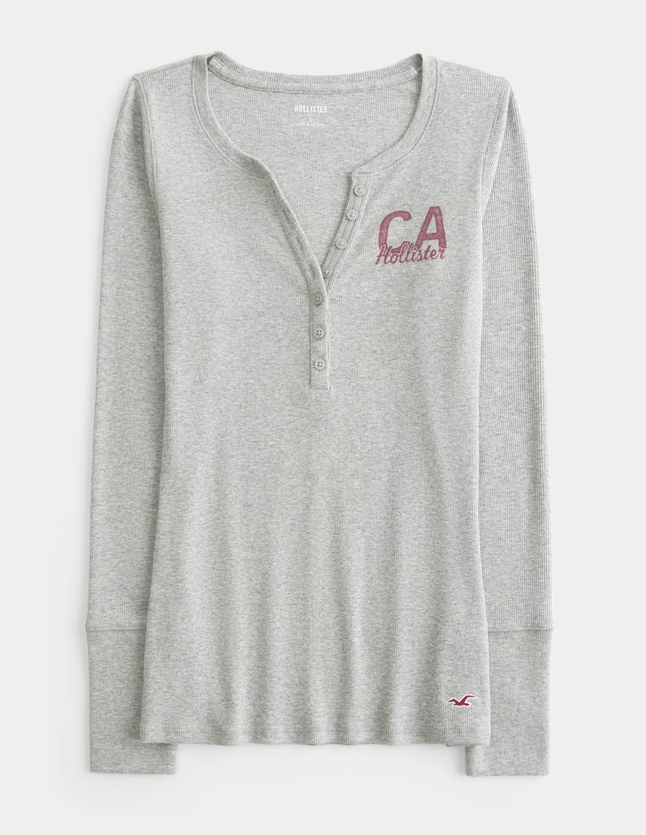 Playera manga larga cuello henley mujer